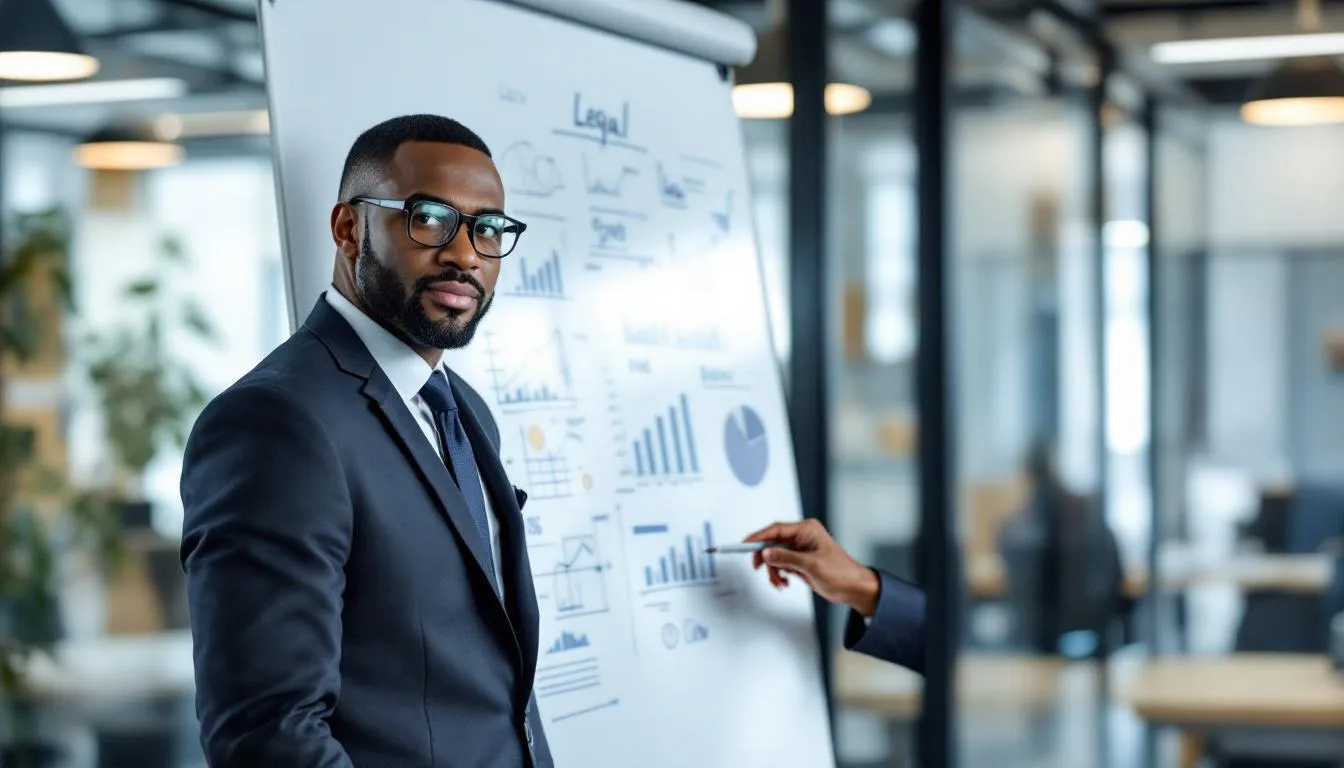 Professional man in a suit presenting legal data on a whiteboard, emphasizing the legal process for wrongful death claims in Alabama.