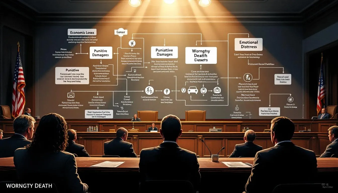 Courtroom scene illustrating wrongful death case elements, including punitive damages and economic losses, with a focus on legal proceedings related to Alabama trucking accidents.