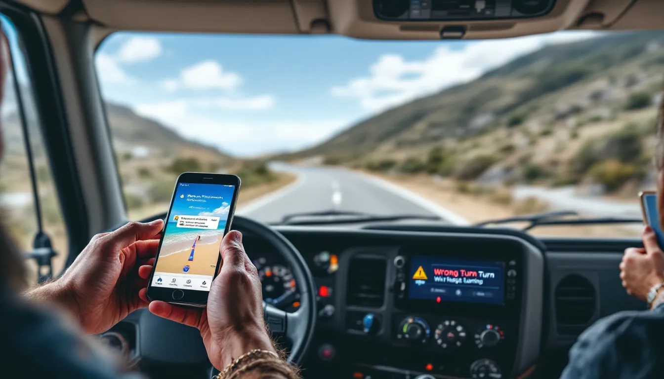 Driver using smartphone for navigation while operating a truck on a winding road, highlighting potential distractions and risks associated with truck driving.