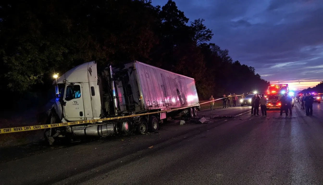 Truck accident scene at dusk with damaged semi-truck, emergency responders, and police tape, highlighting the aftermath of a serious truck collision in Birmingham.
