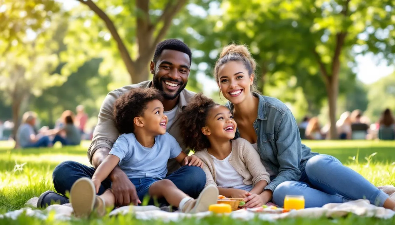 Family enjoying a picnic in a park, smiling together, surrounded by greenery and other picnic-goers, highlighting joy and togetherness.