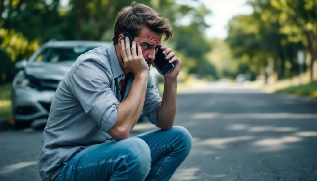Man on phone looking distressed after a truck accident, with a damaged vehicle in the background, representing challenges faced by victims in insurance claims.
