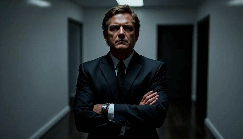 Businessman in a suit standing confidently in a dimly lit hallway, symbolizing the challenges faced by truck accident victims in navigating legal complexities and insurance claims.