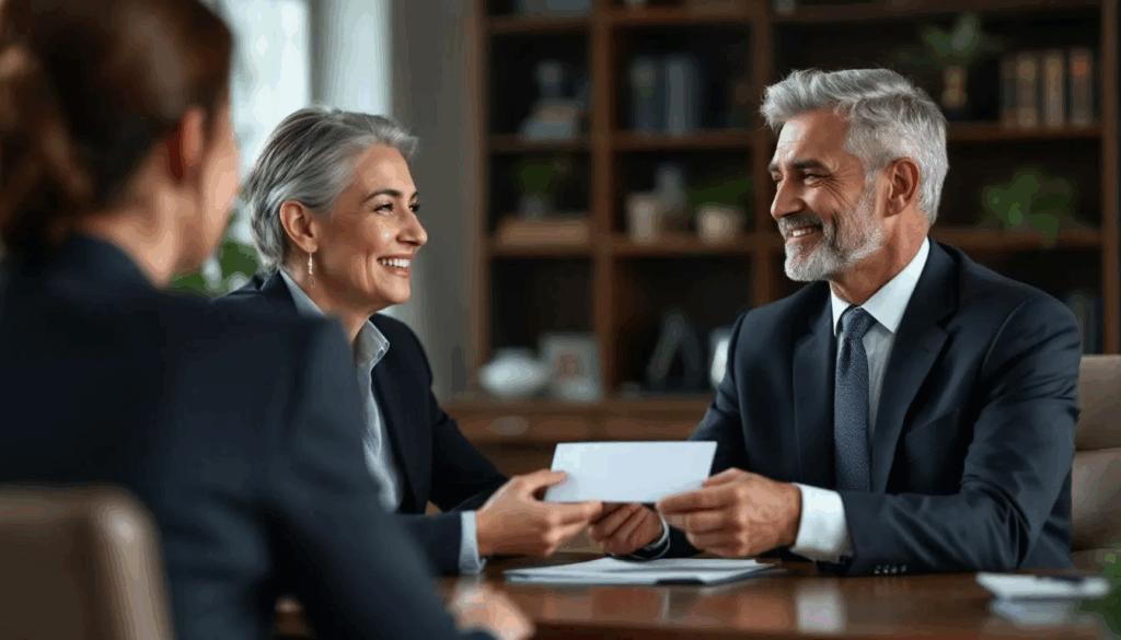 Professional lawyers discussing a car accident claim, one handing a document to another in a modern office setting, emphasizing legal representation and personal injury services in Birmingham, Alabama.